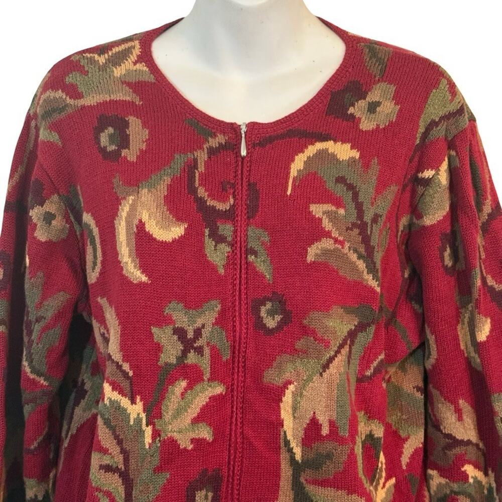 Talbots Red Leaf Design Cotton & Ramie Blend Zip Up Cardigan Sweater sz Large - Picture 16 of 16